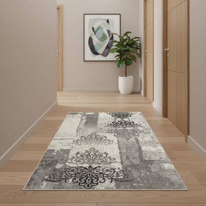 3' X 5' Gray And Ivory Damask Distressed Area Rug