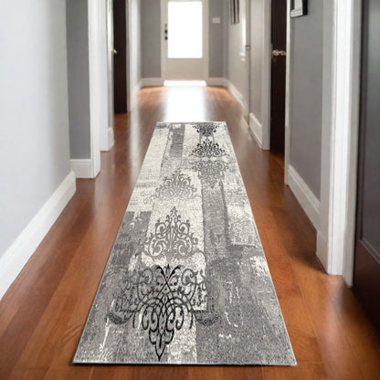 10' Gray Damask Dhurrie Runner Rug