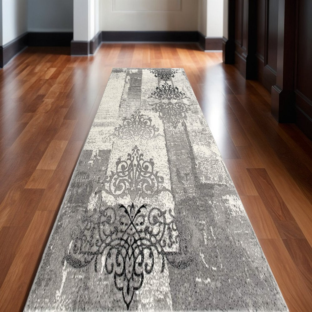 3' X 5' Gray And Ivory Damask Distressed Area Rug
