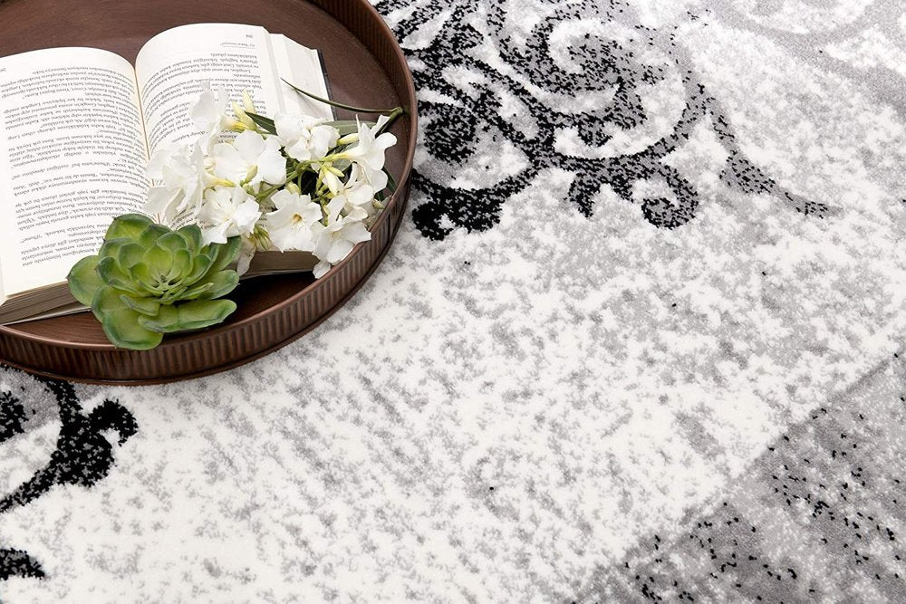 3' X 5' Gray And Ivory Damask Distressed Area Rug