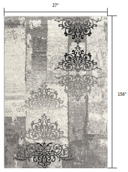 10' Gray Damask Dhurrie Runner Rug