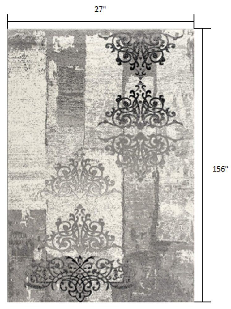 3' X 5' Gray And Ivory Damask Distressed Area Rug