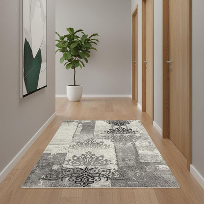 10' Gray Damask Dhurrie Runner Rug