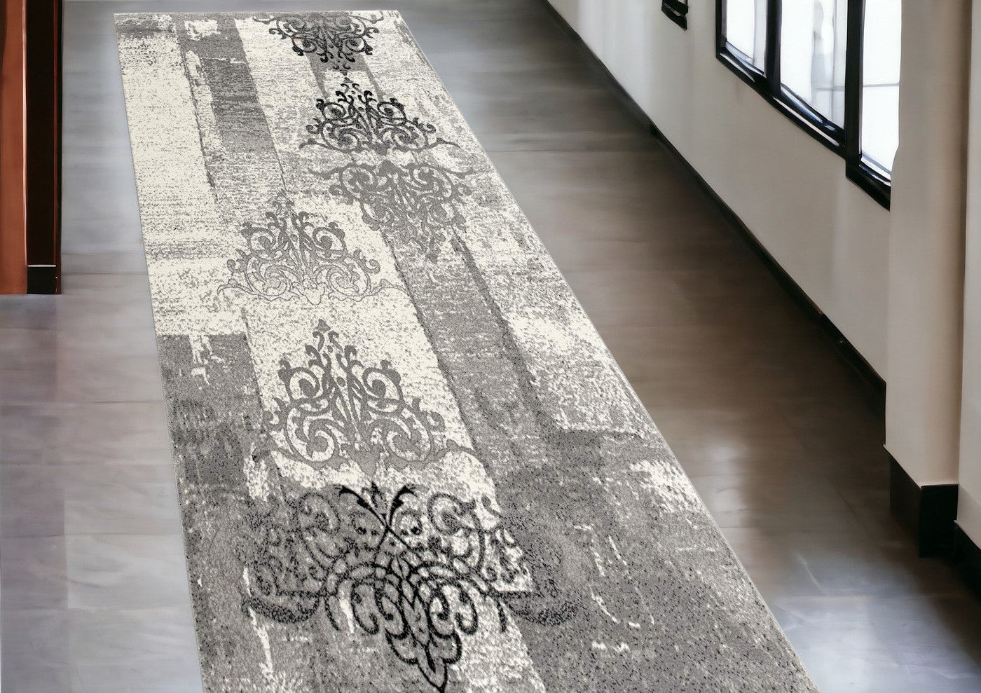 10' Gray Damask Dhurrie Runner Rug