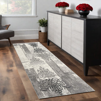 10' Gray Damask Dhurrie Runner Rug