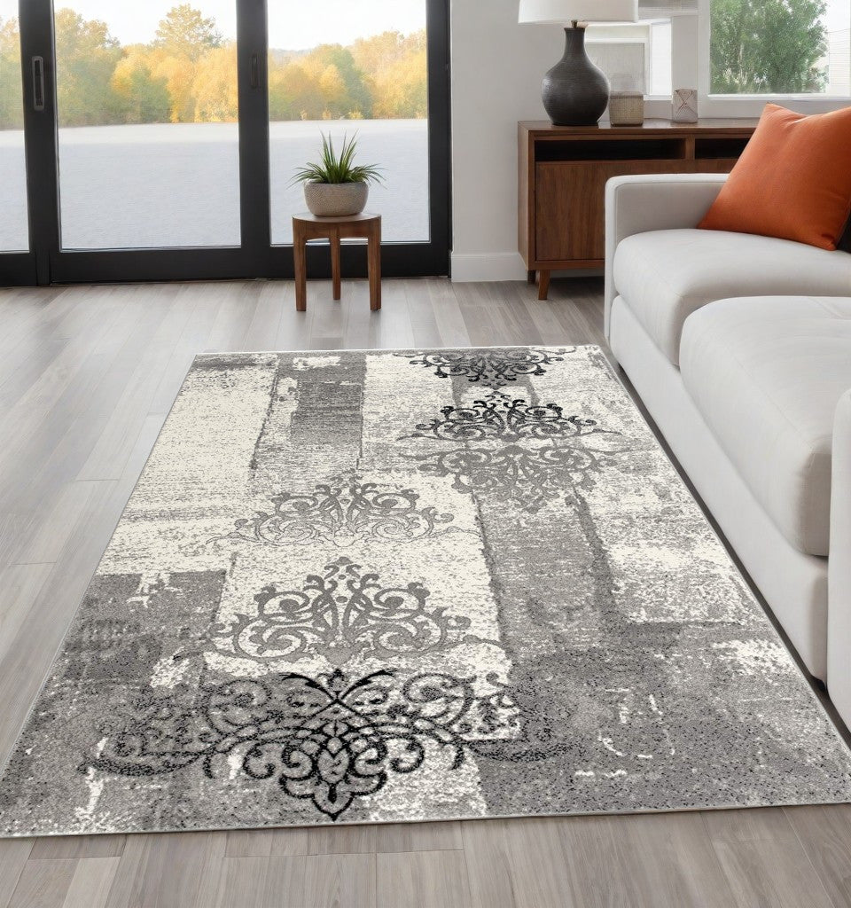 10' Gray Damask Dhurrie Runner Rug