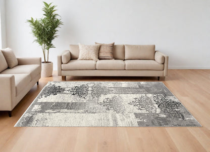 10' Gray Damask Dhurrie Runner Rug