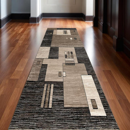 8' Brown and Black Abstract Power Loom Runner Rug