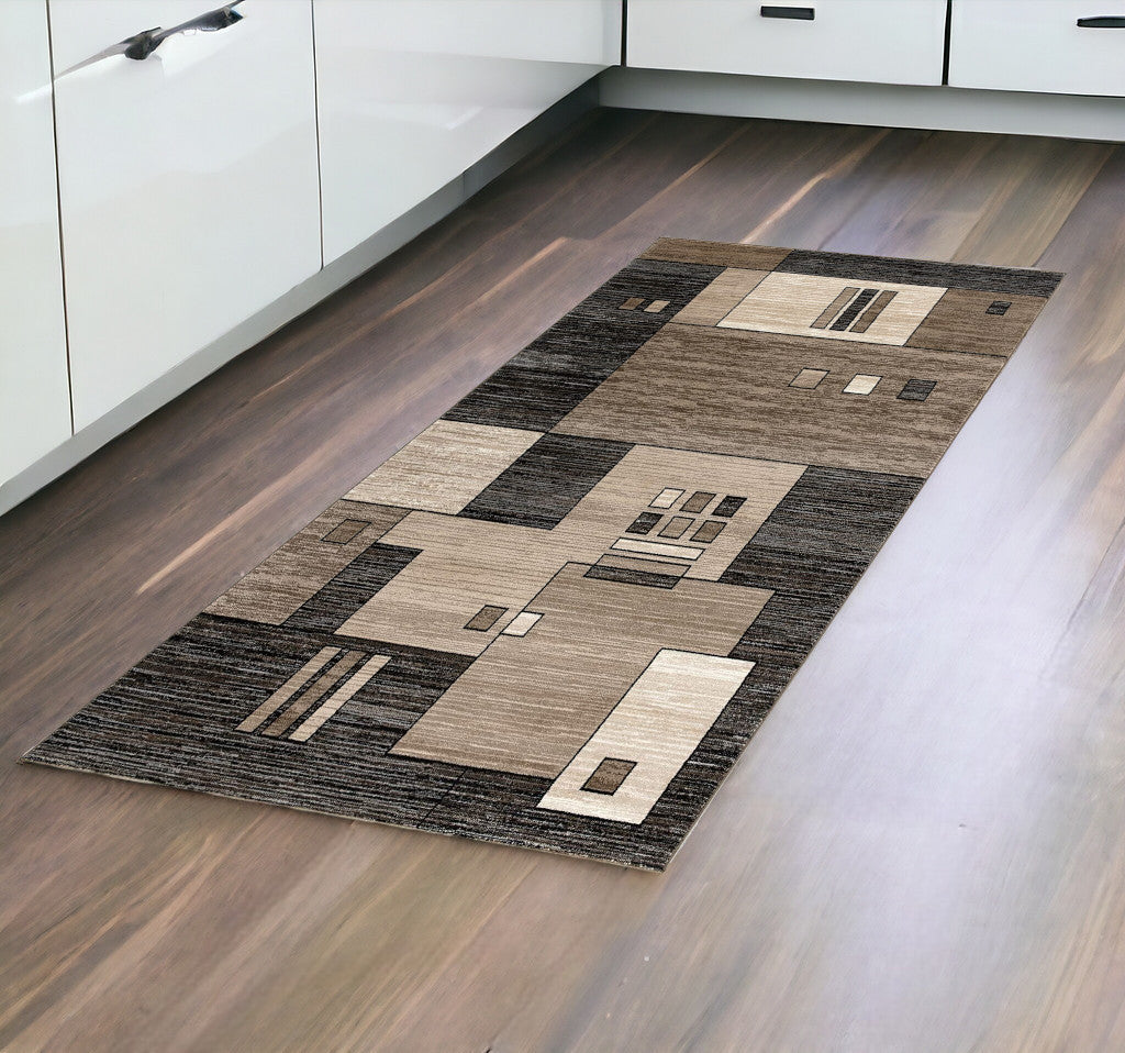 10' Beige Abstract Power Loom Runner Rug