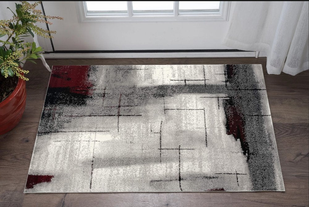 3' X 5' Gray And Burgundy Abstract Area Rug