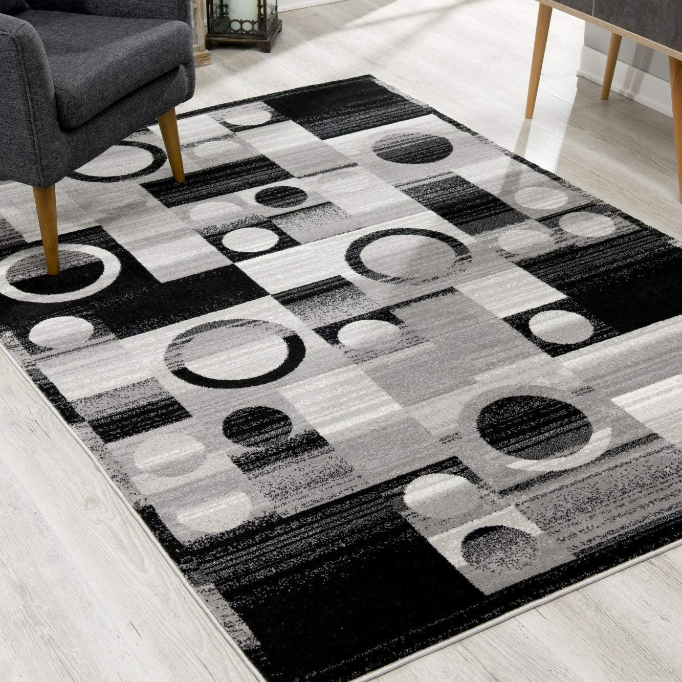 10' Black Gray and White Geometric Power Loom Distressed Runner Rug