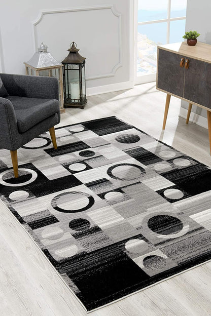 10' Black Gray and White Geometric Power Loom Distressed Runner Rug