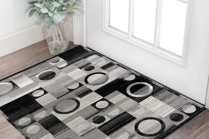 10' Black Gray and White Geometric Power Loom Distressed Runner Rug