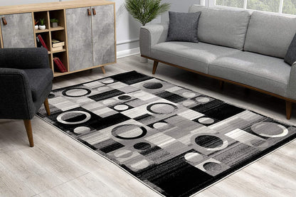 10' Black Gray and White Geometric Power Loom Distressed Runner Rug