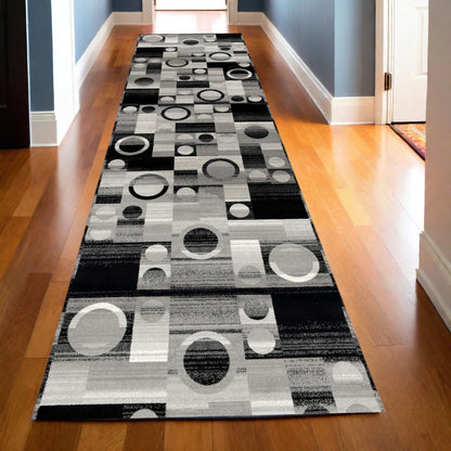 10' Black Gray and White Geometric Power Loom Distressed Runner Rug