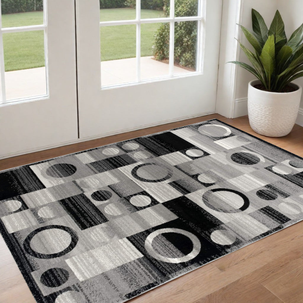 10' Black Gray and White Geometric Power Loom Distressed Runner Rug