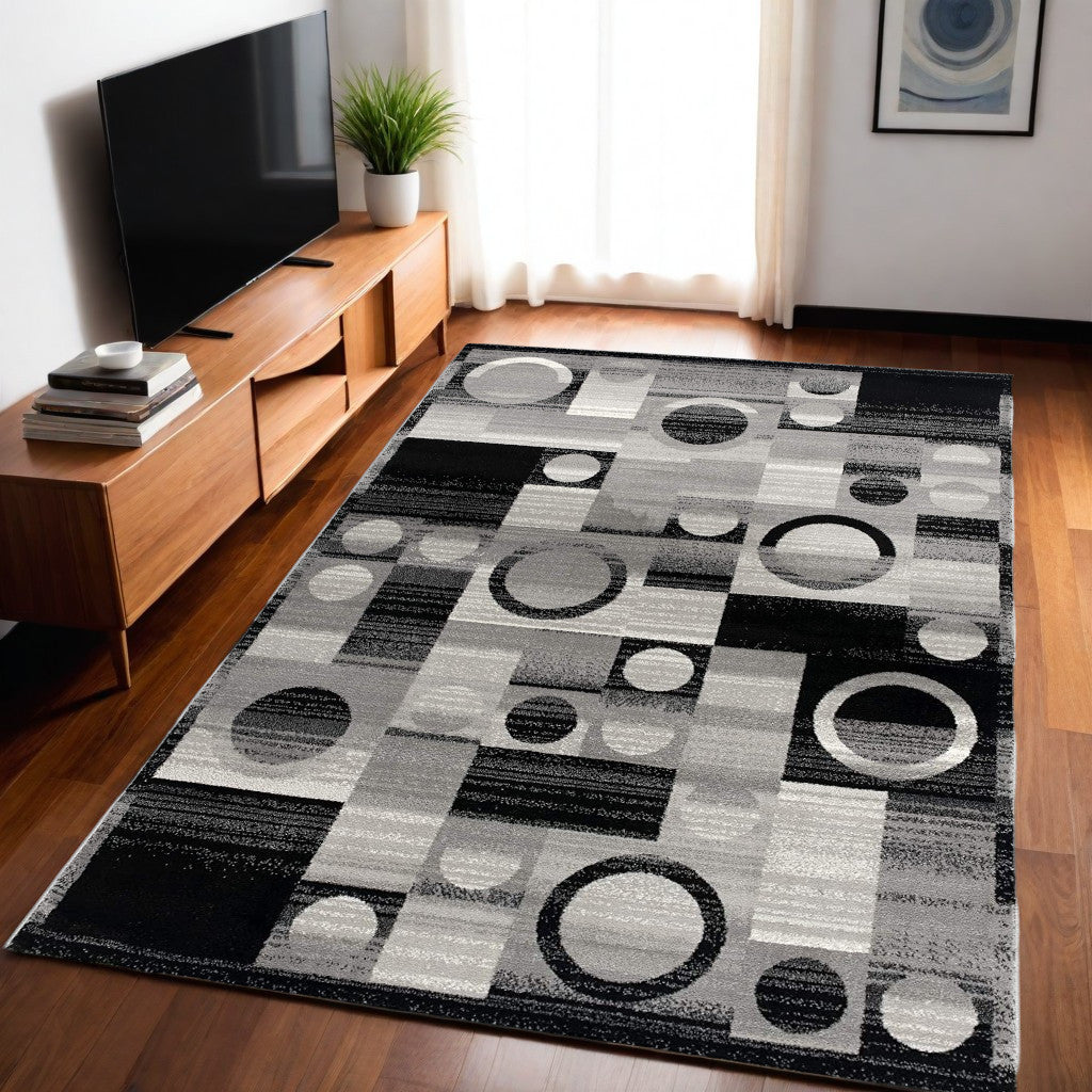 10' Black Gray and White Geometric Power Loom Distressed Runner Rug