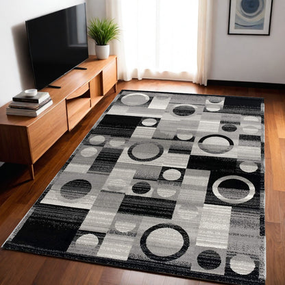 10' Black Gray and White Geometric Power Loom Distressed Runner Rug