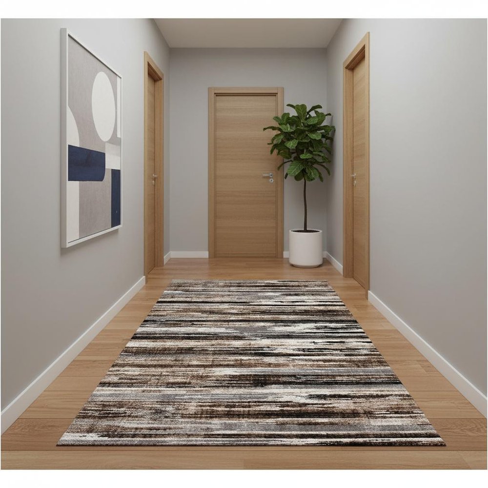 10' Beige Brown and Gray Abstract Runner Rug