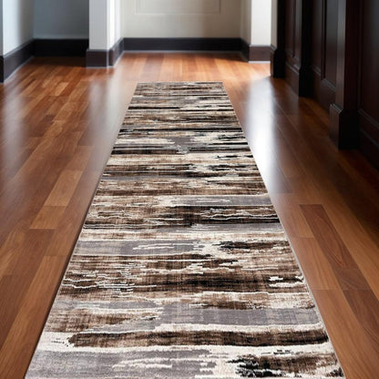 10' Beige Brown and Gray Abstract Runner Rug