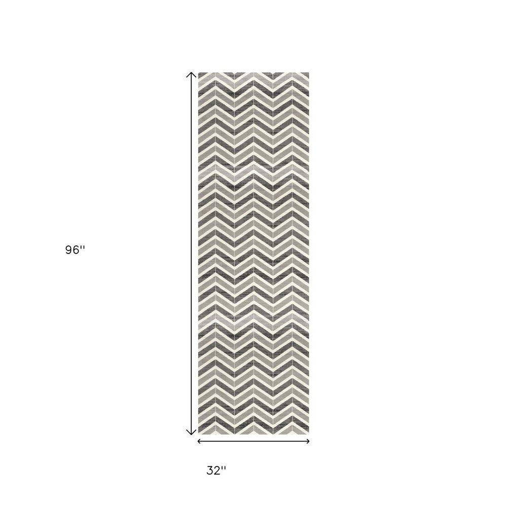 20' Gray And Ivory Chevron Distressed Runner Rug