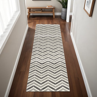 20' Gray And Ivory Chevron Distressed Runner Rug
