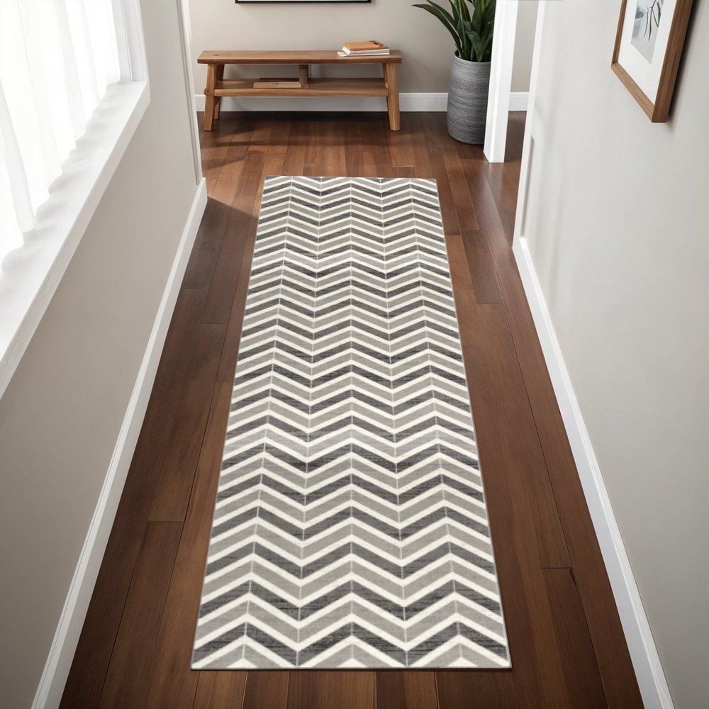 20' Gray And Ivory Chevron Distressed Runner Rug