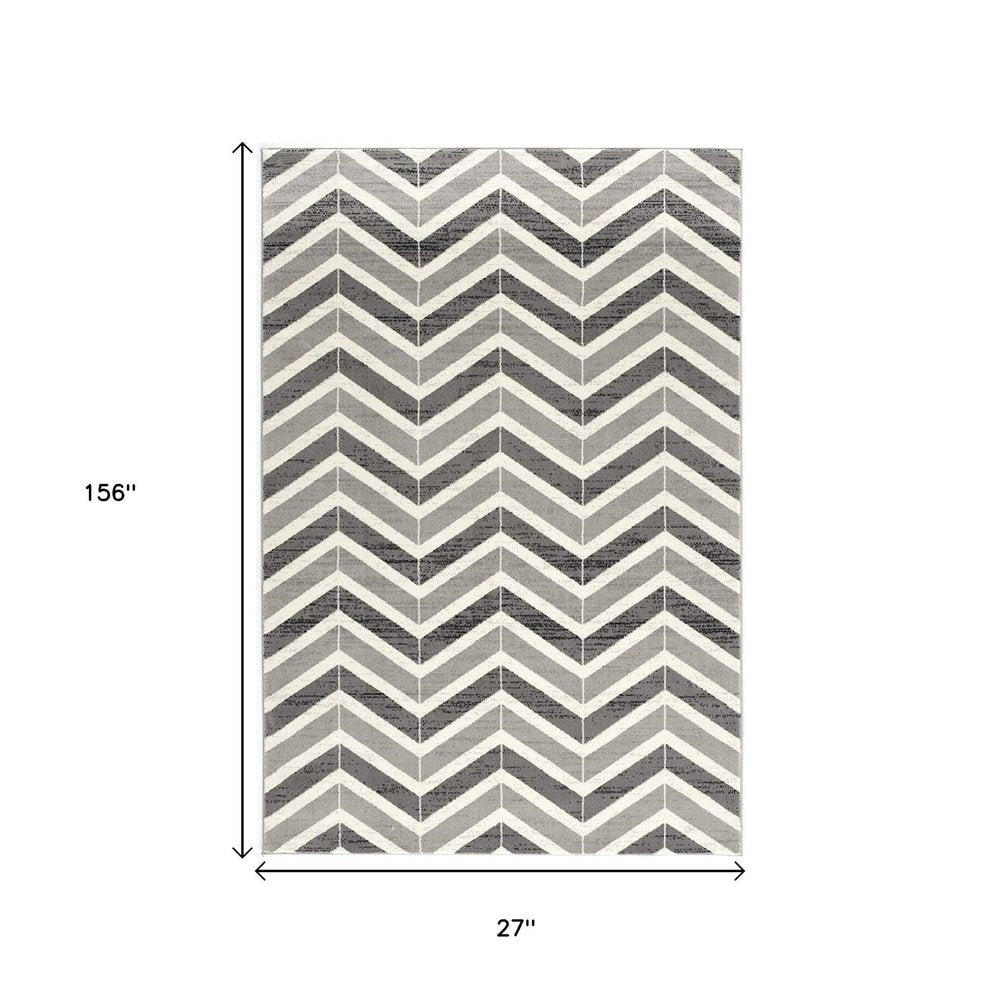 20' Gray And Ivory Chevron Distressed Runner Rug