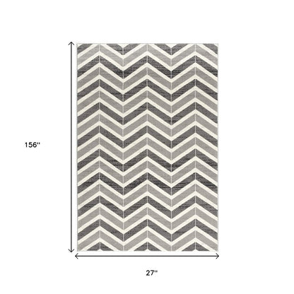 20' Gray And Ivory Chevron Distressed Runner Rug