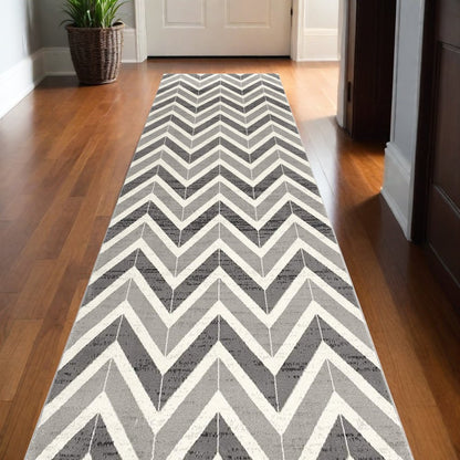 20' Gray And Ivory Chevron Distressed Runner Rug