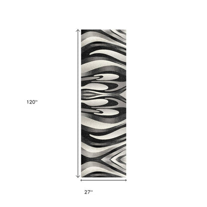 10' Black Gray and White Marble Power Loom Runner Rug