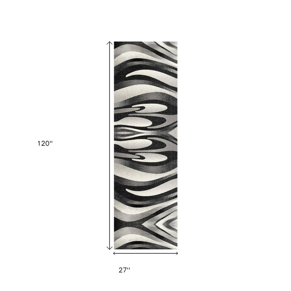 10' Black Gray and White Marble Power Loom Runner Rug