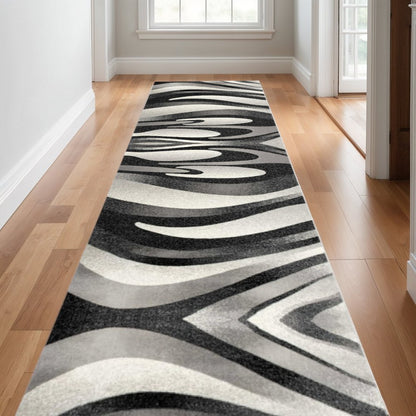 10' Black Gray and White Marble Power Loom Runner Rug