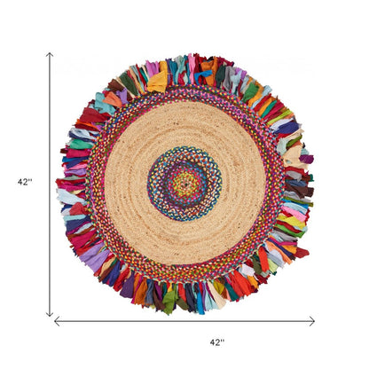 4' Natural Red And Blue Jute Abstract Geometric Hand Woven Round Rug