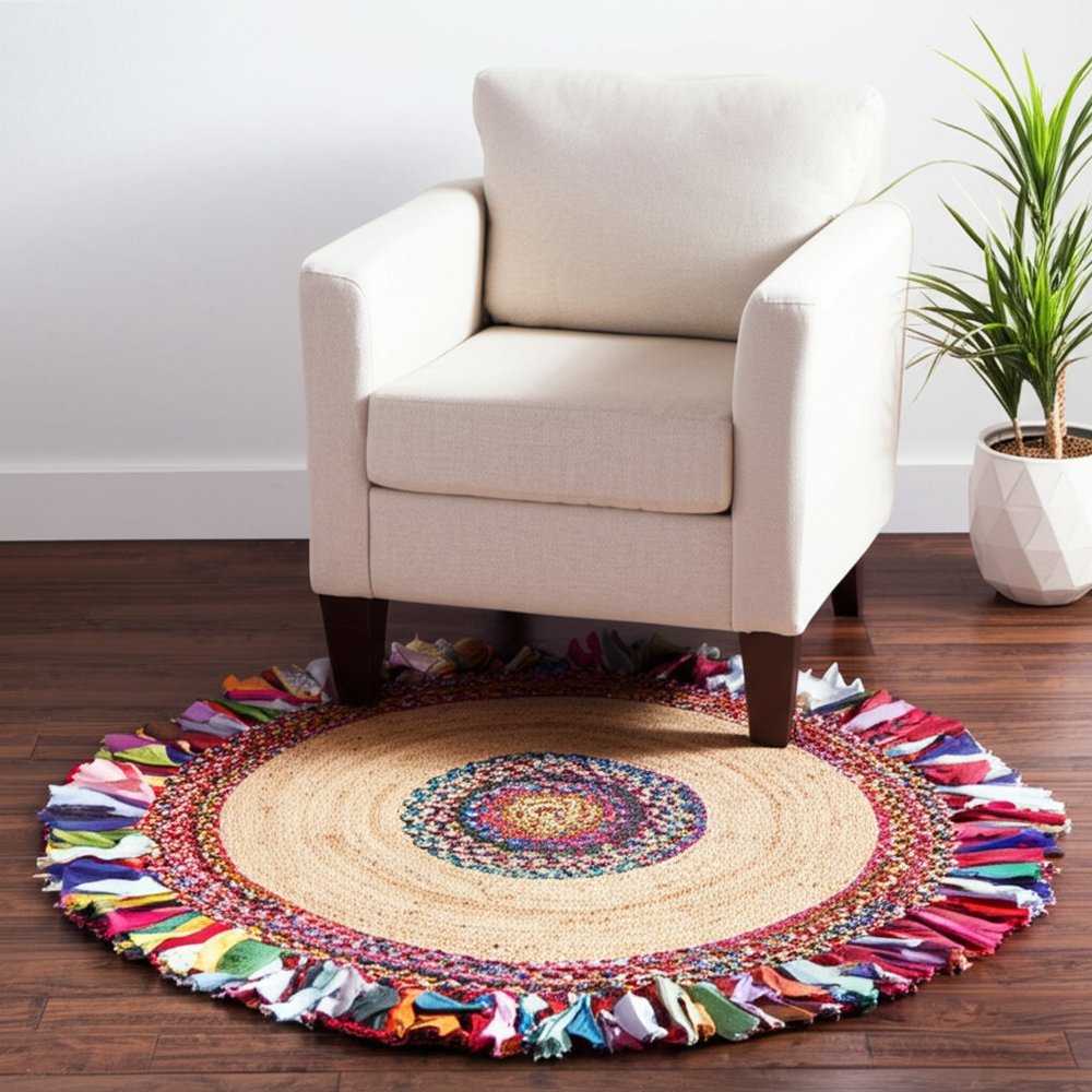 6' Blue Natural And Red Jute Abstract Geometric Hand Woven Round Rug