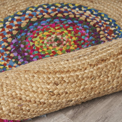 4' Natural Red And Blue Jute Abstract Geometric Hand Woven Round Rug