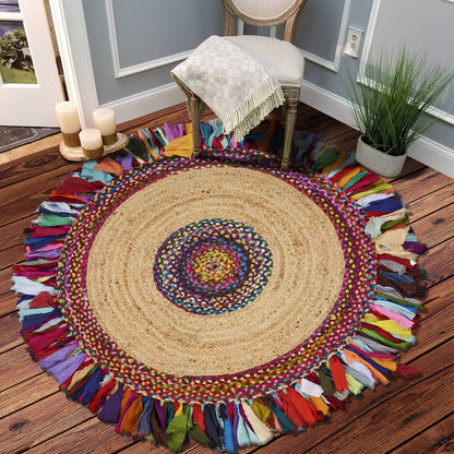 4' Natural Red And Blue Jute Abstract Geometric Hand Woven Round Rug