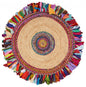 4' Natural Red And Blue Jute Abstract Geometric Hand Woven Round Rug