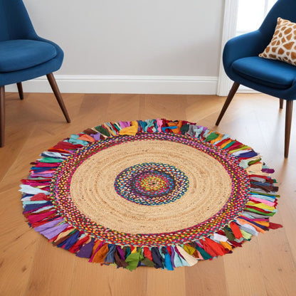 4' Natural Red And Blue Jute Abstract Geometric Hand Woven Round Rug