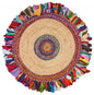 4' Natural Red And Blue Jute Abstract Geometric Hand Woven Round Rug