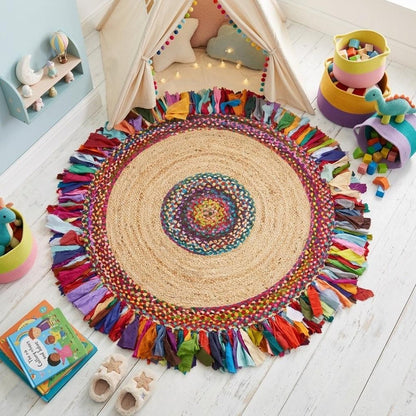 6' Blue Natural And Red Jute Abstract Geometric Hand Woven Round Rug