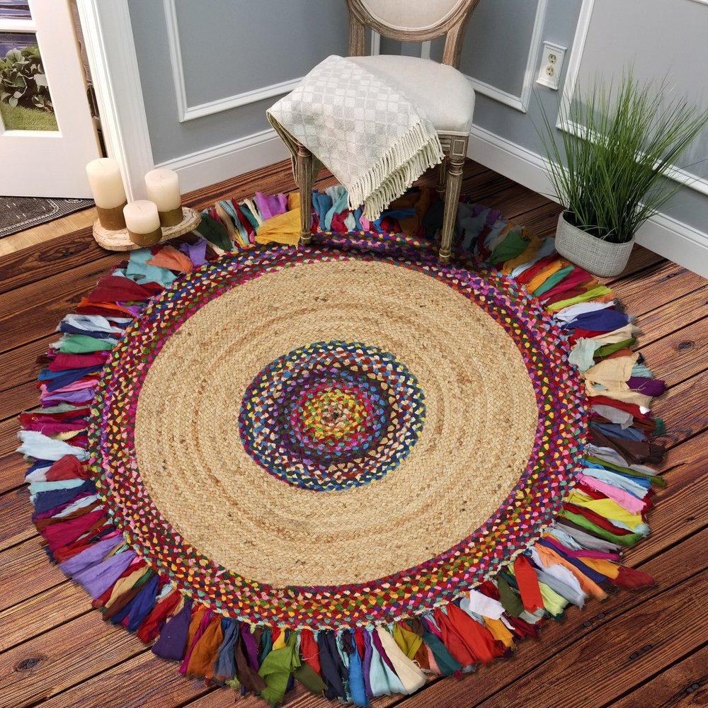 4' Natural Red And Blue Jute Abstract Geometric Hand Woven Round Rug