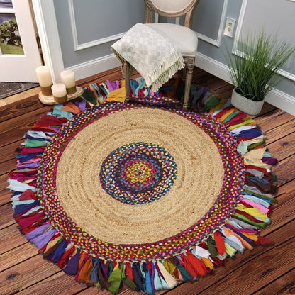 4' Natural Red And Blue Jute Abstract Geometric Hand Woven Round Rug