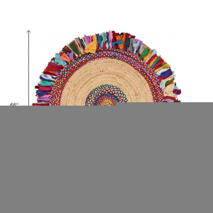 4' Natural Red And Blue Jute Abstract Geometric Hand Woven Round Rug