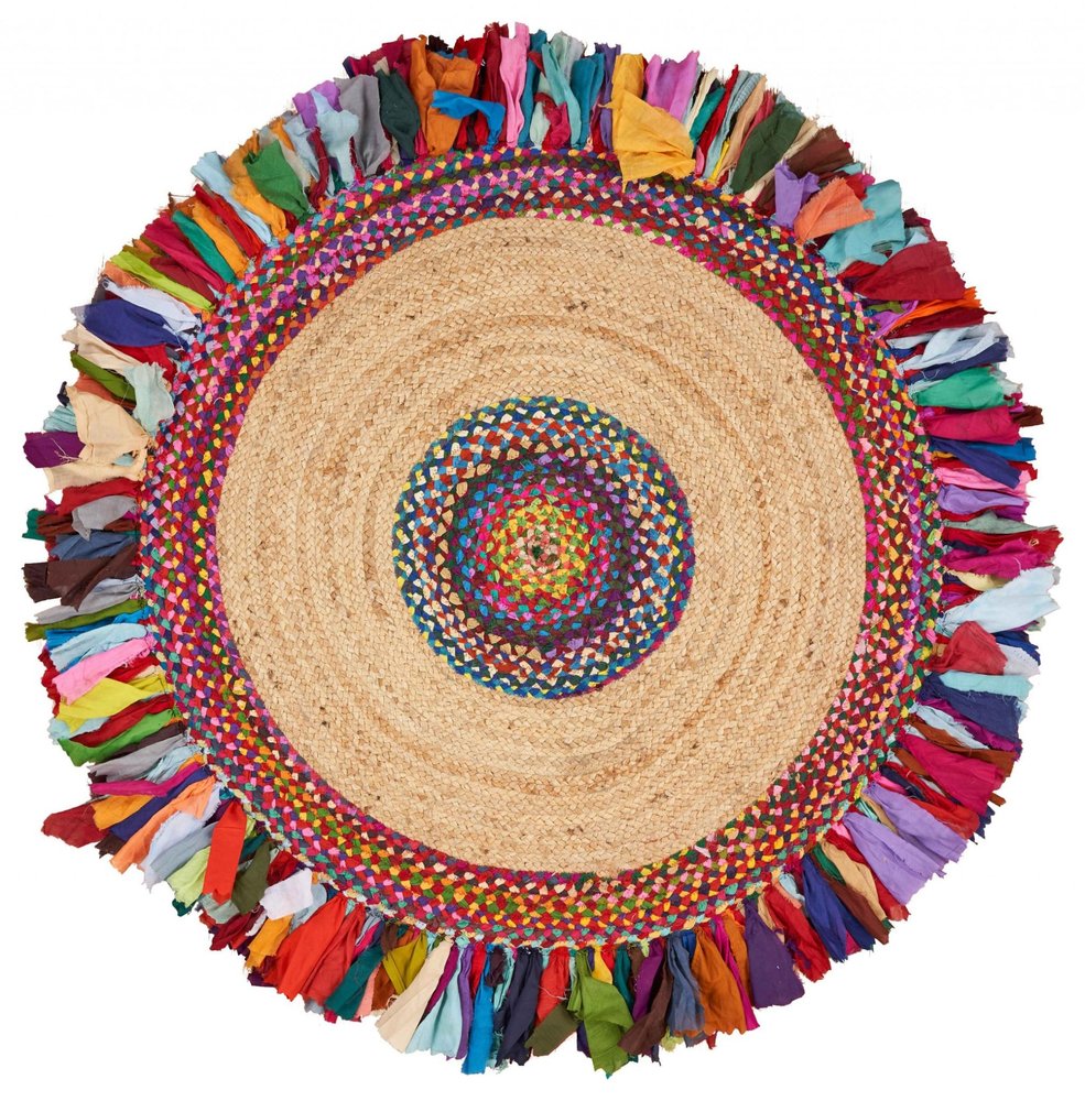 6' Blue Natural And Red Jute Abstract Geometric Hand Woven Round Rug