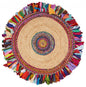 6' Blue Natural And Red Jute Abstract Geometric Hand Woven Round Rug