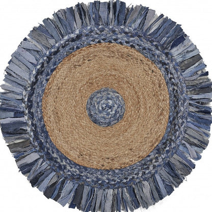 4' Beige And Blue Abstract Geometric Hand Woven Round Rug
