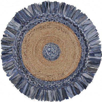 4' Beige And Blue Abstract Geometric Hand Woven Round Rug