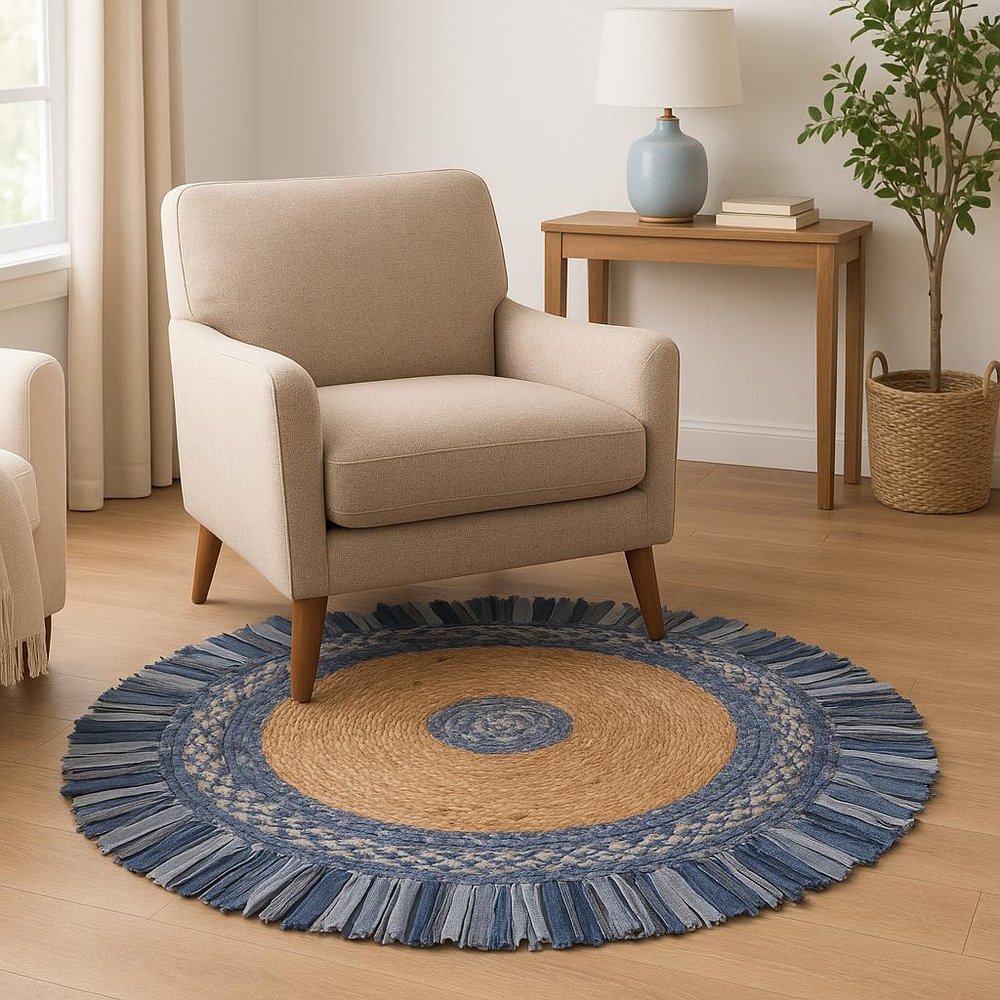 4' Beige And Blue Abstract Geometric Hand Woven Round Rug