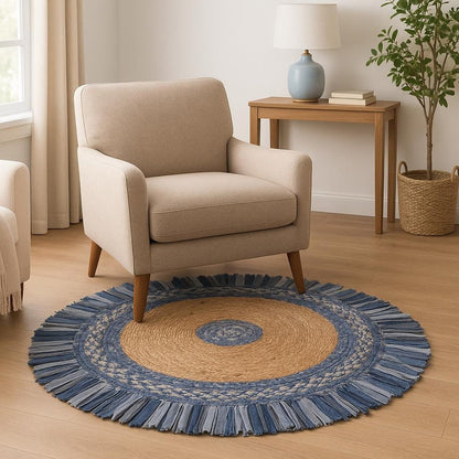 4' Beige And Blue Abstract Geometric Hand Woven Round Rug